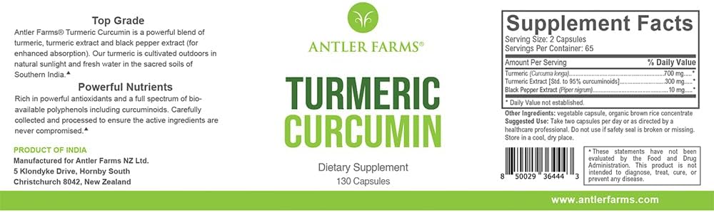 Antler Farms – 100% Pure Turmeric Curcumin, 130 Capsules, 95% Curcuminoids & Black Pepper Extract, Enhanced Absorption – Vegan, Non GMO, No Gluten, Soy or Dairy