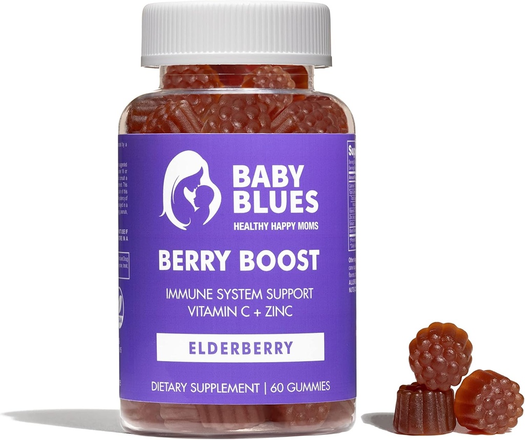 Baby Blues Berry Boost for Moms, Immunity Elderberry Gummies Immune Support Supplement with Vitamin C and Zinc for Adults, Non-GMO Immune System Vitamins Booster Vegan Gluten Free Gummies, 60pcs