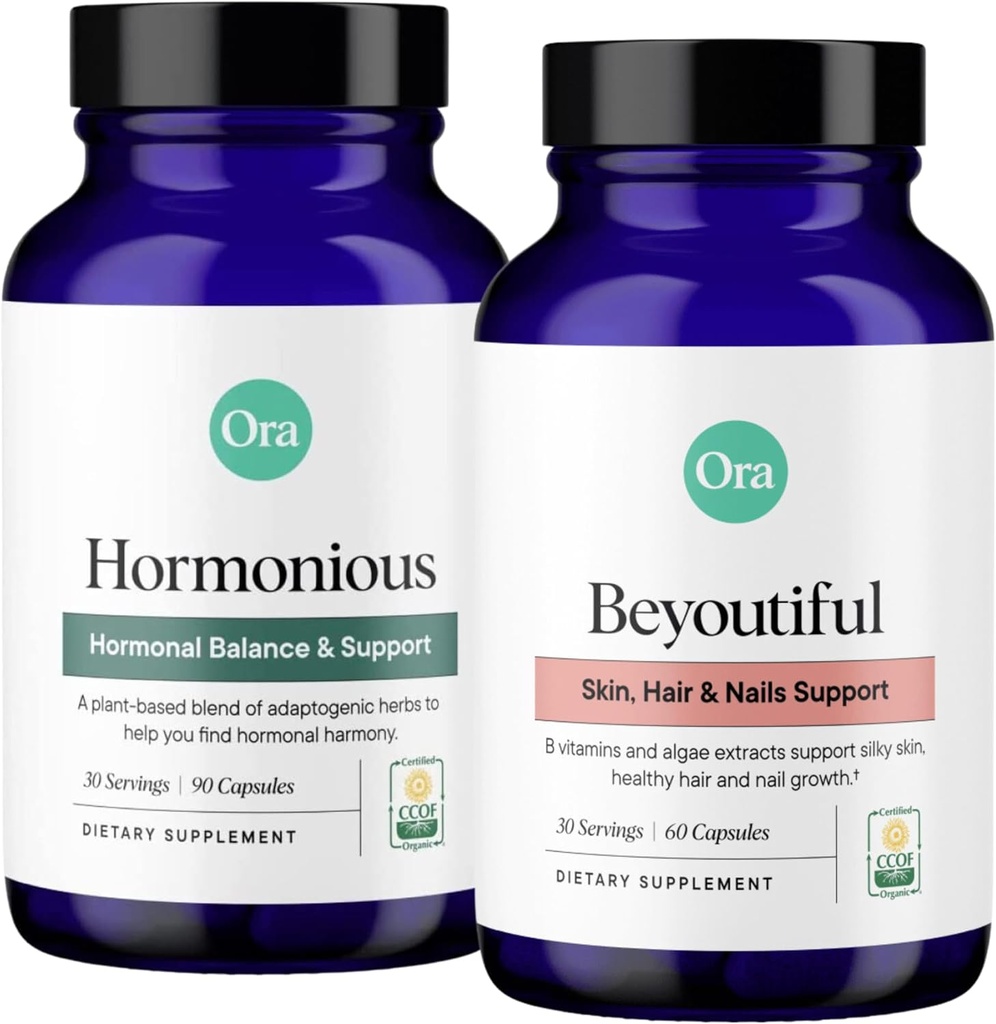 Ora Organic BeYouTiful&ホルモンバランスバンドル:女性のためのナチュラルビューティー&ウェルネスエッセンシャル, 60 Bビタミンとビーガンカプセル + 90 カプセルアシュワガンダと処方.