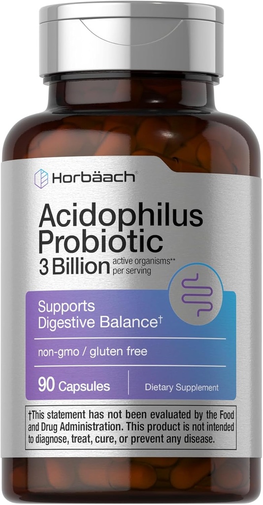 Horbäach Probiotic for Women & Men's Digestive Health | 3 Billion CFU | 90 Capsules | Non-GMO & Gluten Free