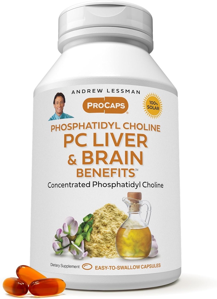 ANDREW LESSMAN PC Liver and Brain Benefits 60 Softgels - Phosphatidyl Choline, Most Important Building Block for Healthy Liver and Brain Structure, Function. No Additives. Easy to Swallow Softgels