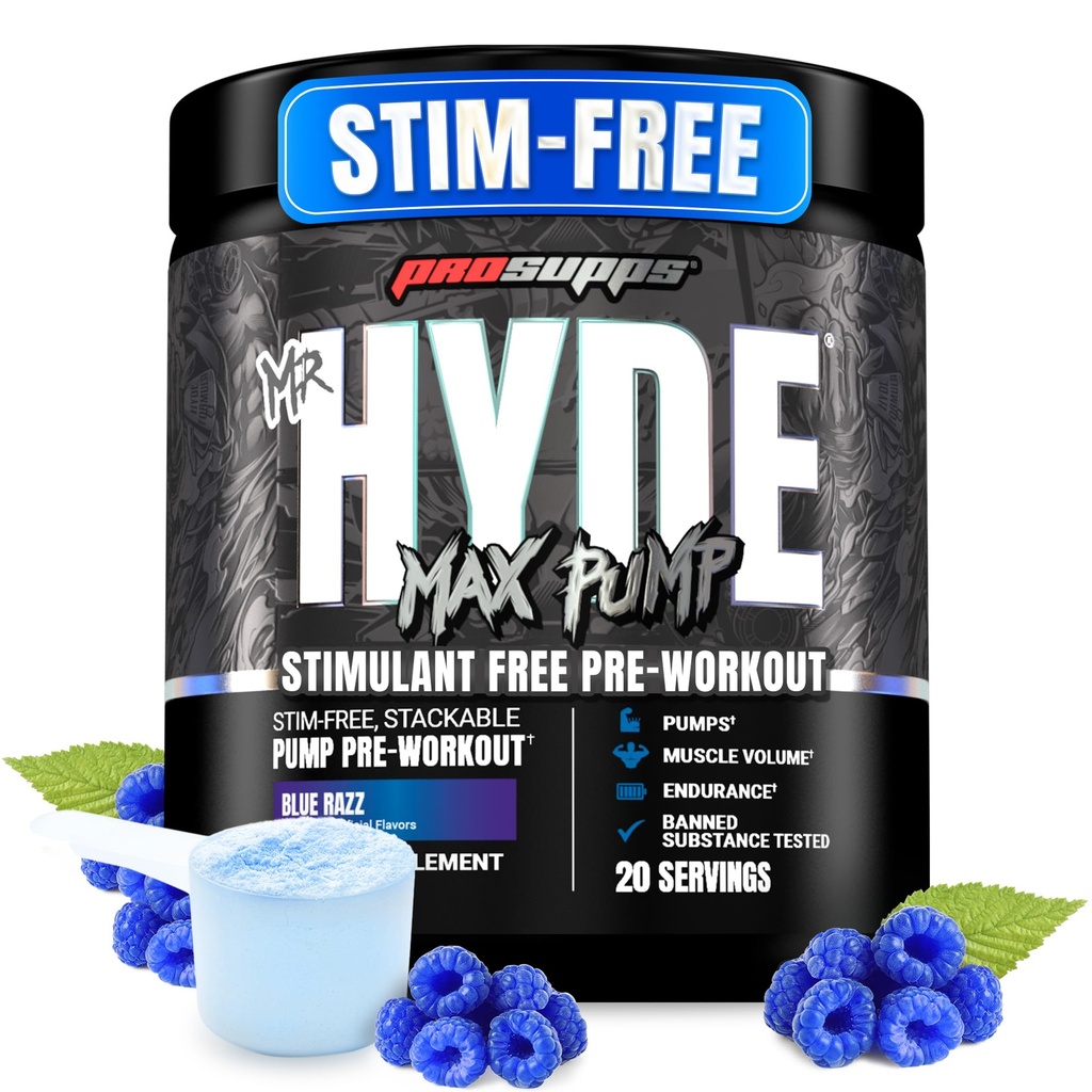 ProSupps Mr. Hyde Max Pump Pre Workout Powder - Stim-Free Preworkout Supports Blood Flow, Muscle Volume & Endurance - Caffeine-Free Nitric Oxide Gym & Fitness Supplements(ブルーレイズ、20サービング)