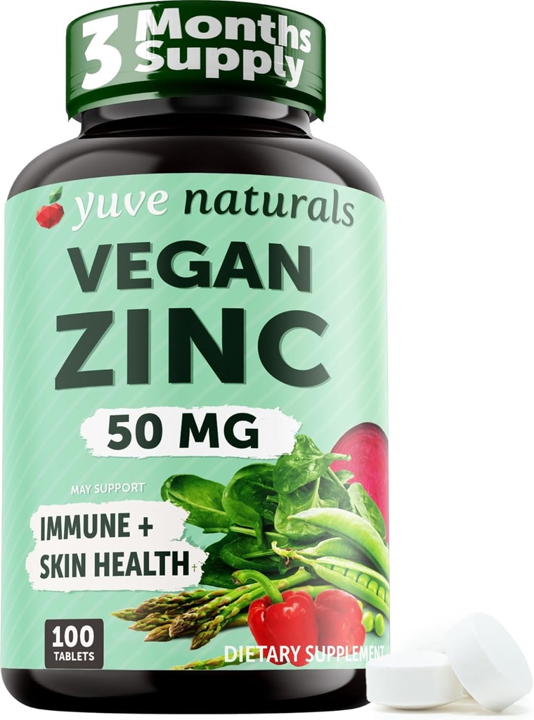 Yuve Naturalsビーガン亜鉛50mg - 免疫と皮膚のサポートのための亜鉛グルコネート - グルテンフリー、非GMO、植物ベースの - 100簡単にスワロ錠