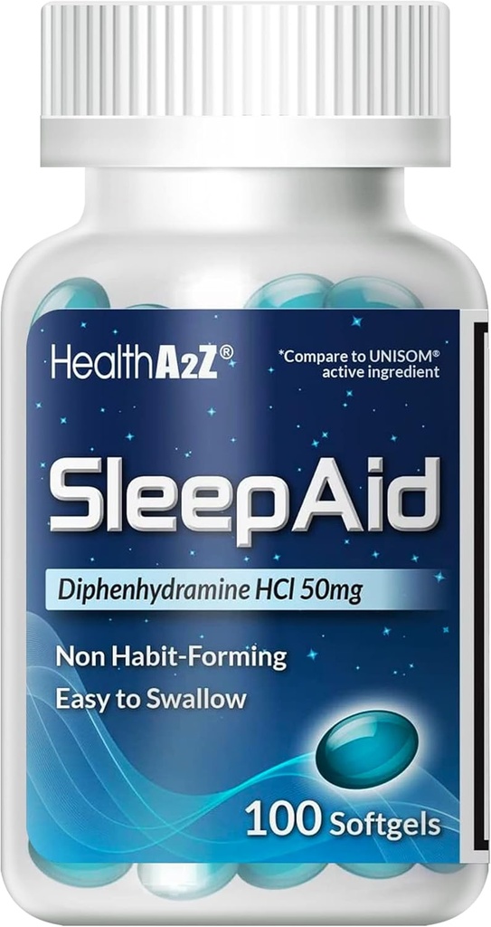 HealthA2Z 睡眠援助, ジフェンハイアミン ソフトゲル, 50 mg, 深刻をサポート, 休眠, 非習慣形成 (100 カウント)