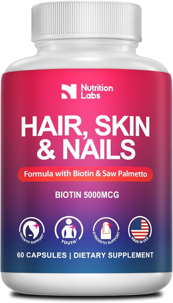 Hair Skin and Nails Vitamins for Women 100% Made in The USA – Natural Biotin 5000MCG Supplement for Hair Growth - DHT Blocker - Non-GMO, Gluten Free-3rd Party Tested-1 Month Supply