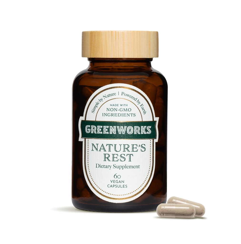 Greenworks Nature's Rest Melatonin無料睡眠補助金 - Ashwagandha&Valeian Rootと有機ハーブサプリメント - ビーガンカプセル、60カウント。