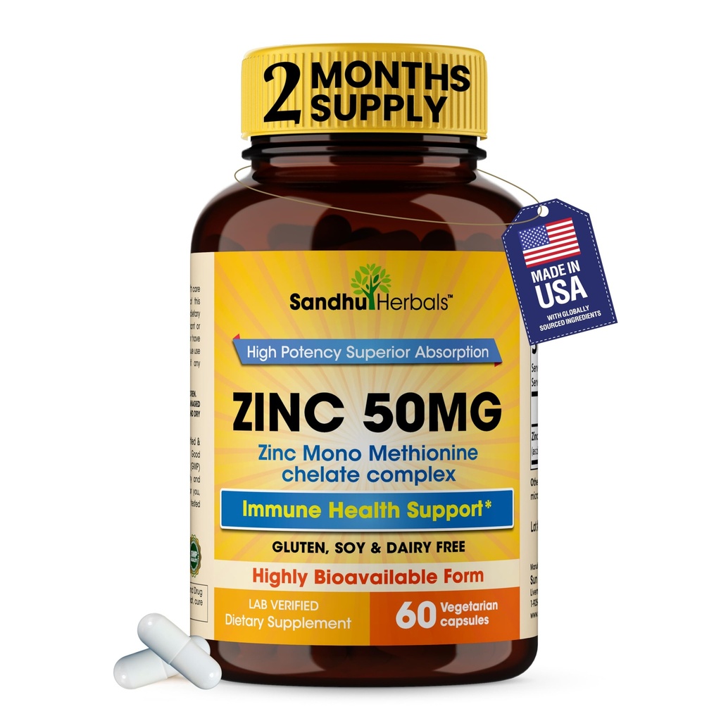 サンドハ・ハーバルズ 亜鉛 50 mg の男性と女性のためのサプリメント| 高吸収亜鉛モノメチオニン複合体 60 カプセル|免疫、アクネ、抗酸化支援のためのサプリメント|ベジタリアン