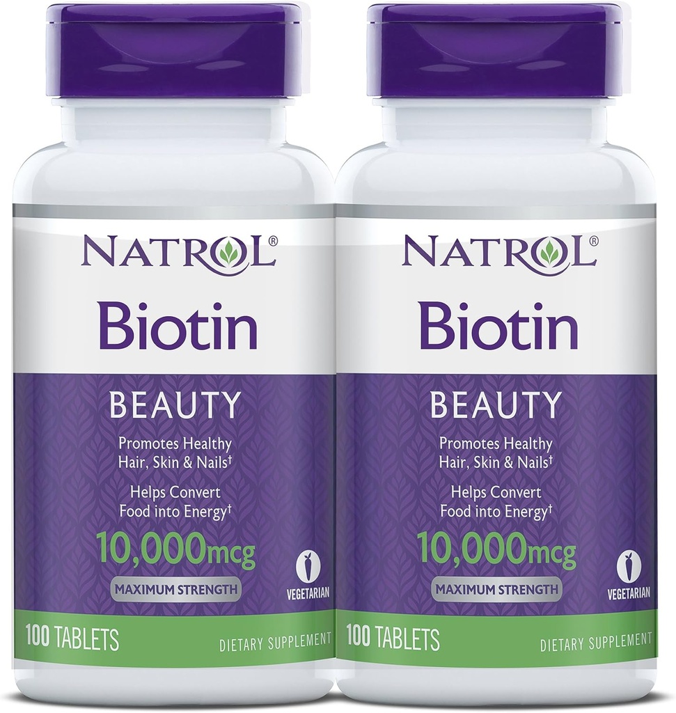NatrolのBiotinの美のタブレットは、健康な毛、皮を促進し、釘は、エネルギー代謝を支えます、助けは食糧をエネルギー、最高の強さ、10,000mcg、100の計算に転換します(2のパック)を転換します