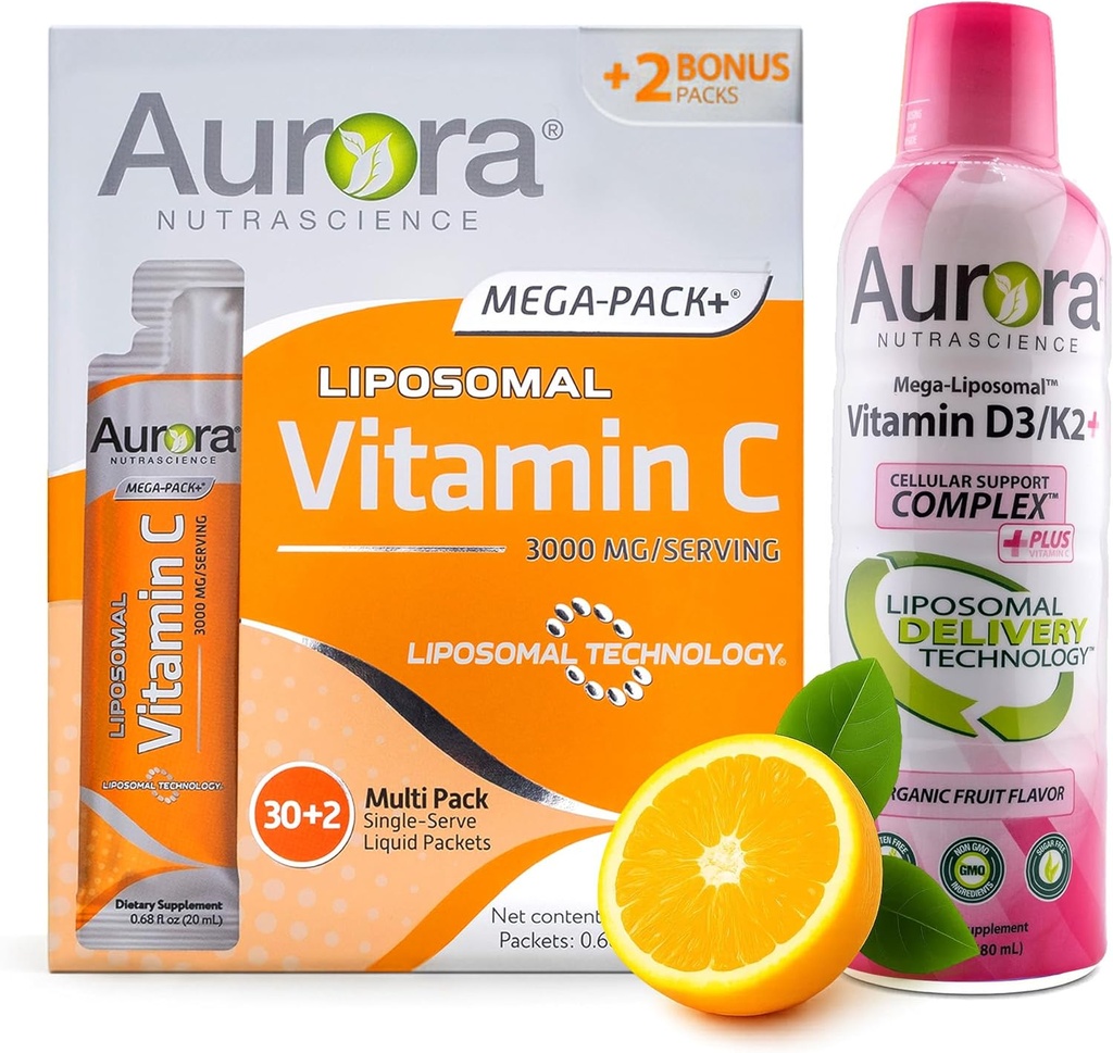 Aurora Nutrascience Mega Liposomal Vitamin C 32 パック + ビタミン D3 / K2 ボトル バンドル - 免疫サポートと認知健康のためのサプリメント - 32 各サービング