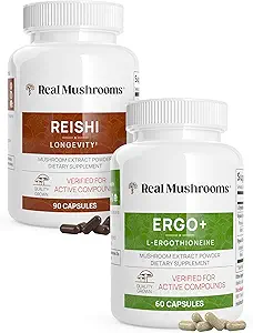 本物のキノコErgothioneine(60ct)とReishi 415(90ct)は、シイタケとオイスターマッシュルームエキスとバンドル - 長寿とリラックス - ビーガン、グルテンフリー、非GMO - 健康的な老化のための自然なサポート