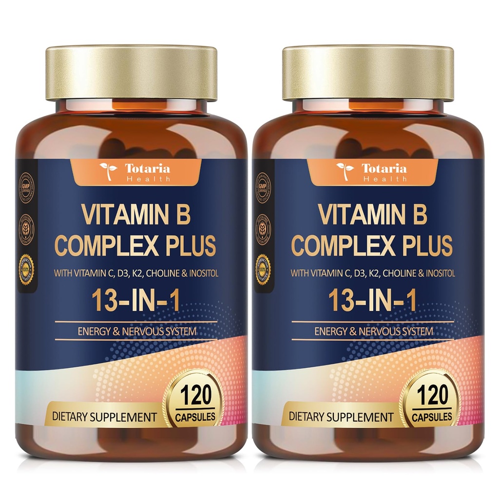 ビタミンB1、B2、B3(Niacin)、B4、B5、B6、B7(Biotin)、B8(Inositol)、B9(Folate)、B12、C、D3、エネルギーのためのK2、Nerve、免疫、皮-びんごとの120の帽子- 2本のびん