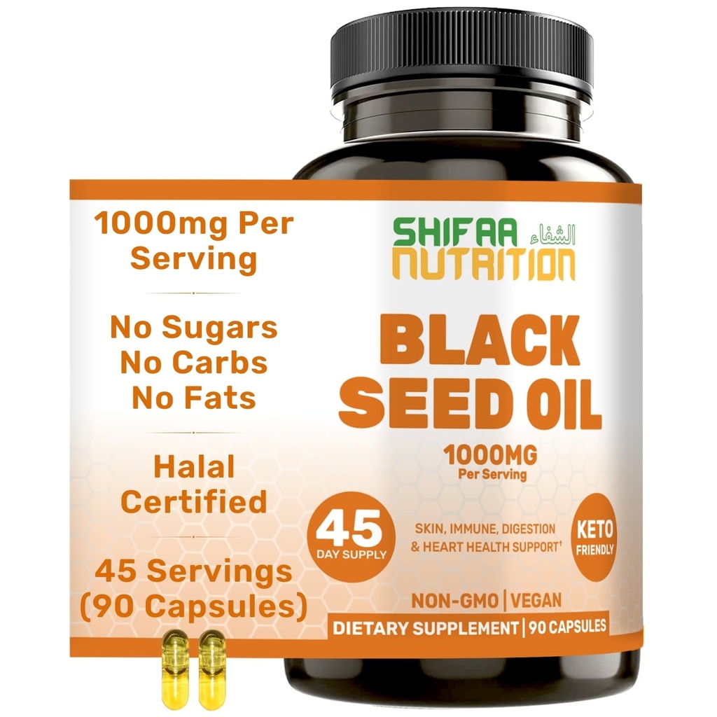 SHIFAA NUTRITION ハラールブラックシードオイル | 1000mg 45 サービング | 日傘サティバ | ヘアケア、肌、関節、免疫、心臓、消化をサポート