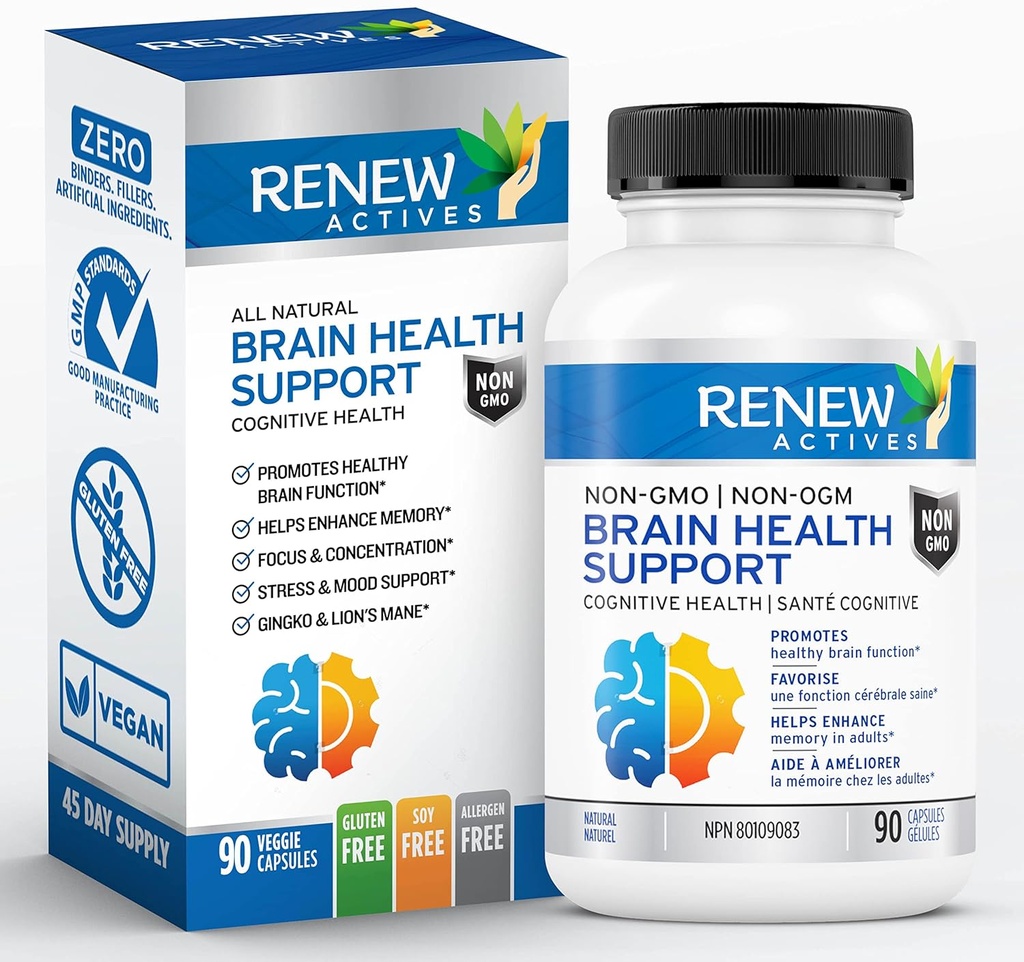 Renew Actives Brain Health Support – Bacopa 300MG, Ginkgo 100MG, Lion’s Mane 200MG per 2 Capsules – Supports Cognitive Health, Enhanced Memory, Promotes Focus & Mood – Made in Canada - 90 Capsules