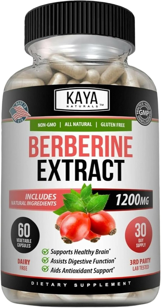 Kaya Naturals Berberine HCL Extract 1200mg - Immune System - Gluco Levels - Gut Health (Vegetarian, Non-GMO & Gluten-Free) Berberine Supplement (60 Count (Pack of 1)
