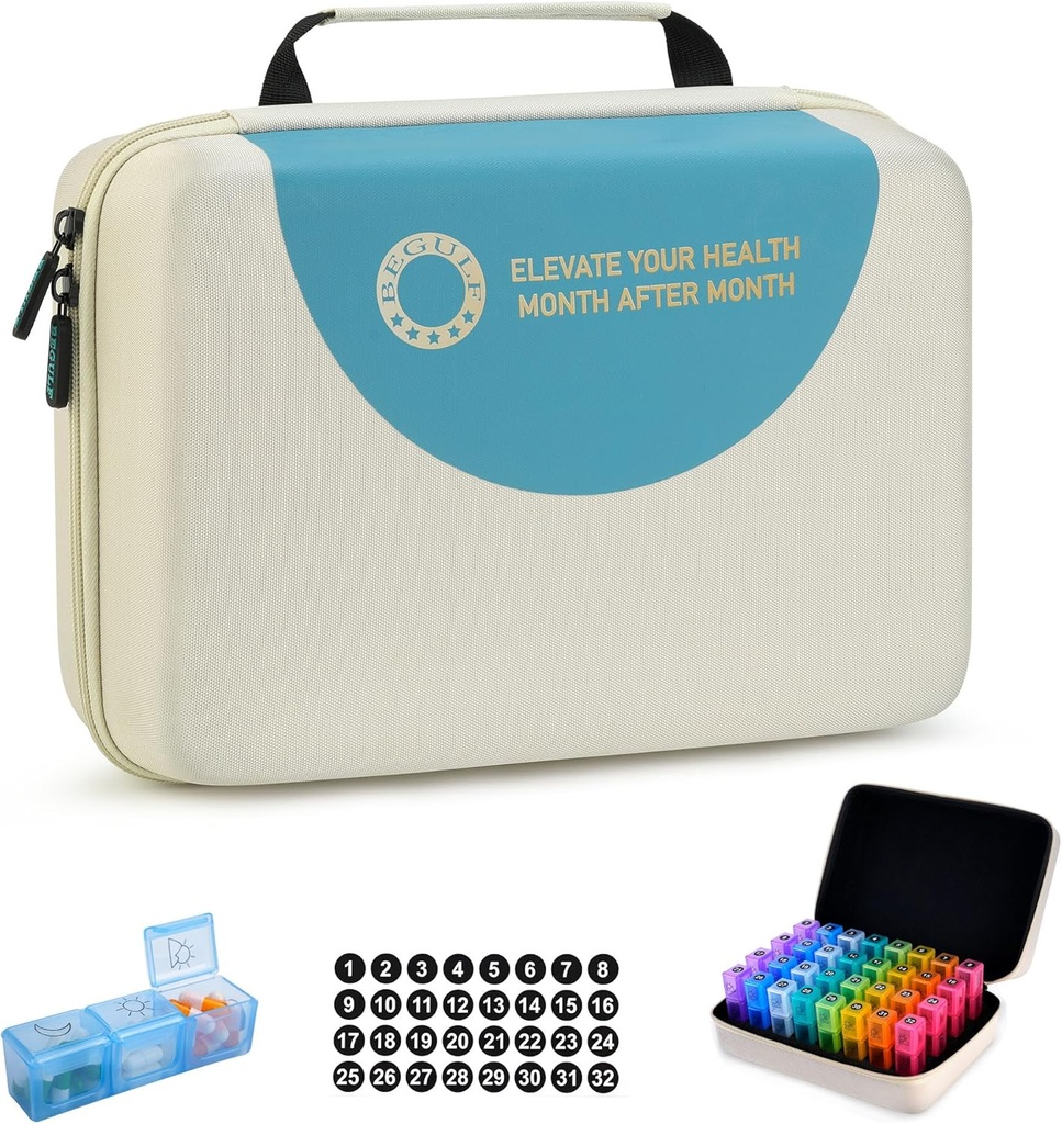 ドロッププロフ マンスリーピル オルガナイザー 3 回 1 日, 30 日旅行ピル ボックス オルガナイザー 32 日コンパートメント付き, ビタミンのための薬のオルガナイザー ボックス, 魚油, サプリメント (ベージュ)