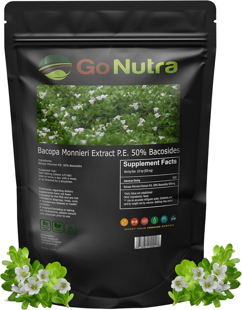 Go Nutra Bacopa Extract Powder (Bacopa Monnieri) 50% Bacosides - Herbal Extract Brahmi Supplement (8 oz.)