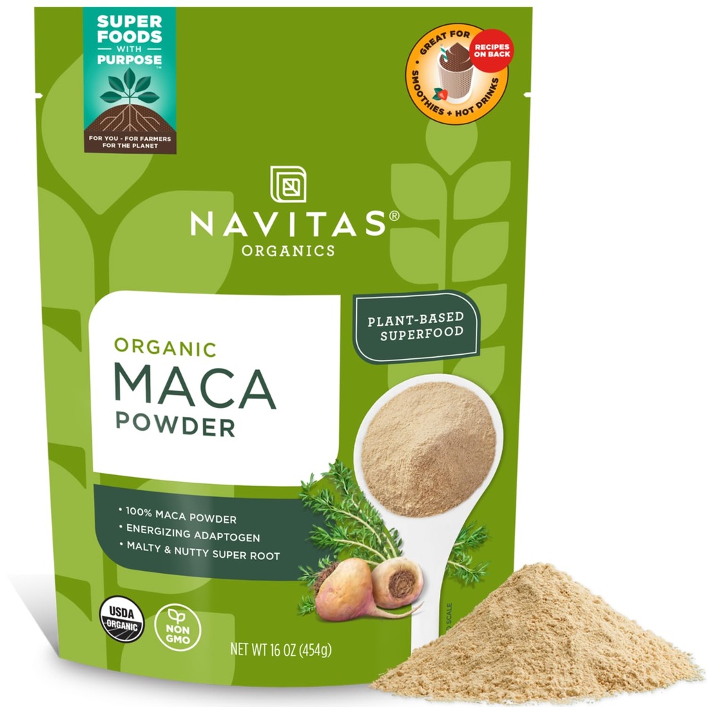 Navitas Organics Maca Powder – 100% ゼラチン化ペルーマカ スムージー、ラテス、ベーキング&その他 – 成長とバランス - USDA オーガニック、非GMO、ビーガン、グルテンフリー (16oz)。 袋、180のサービング、2パック)