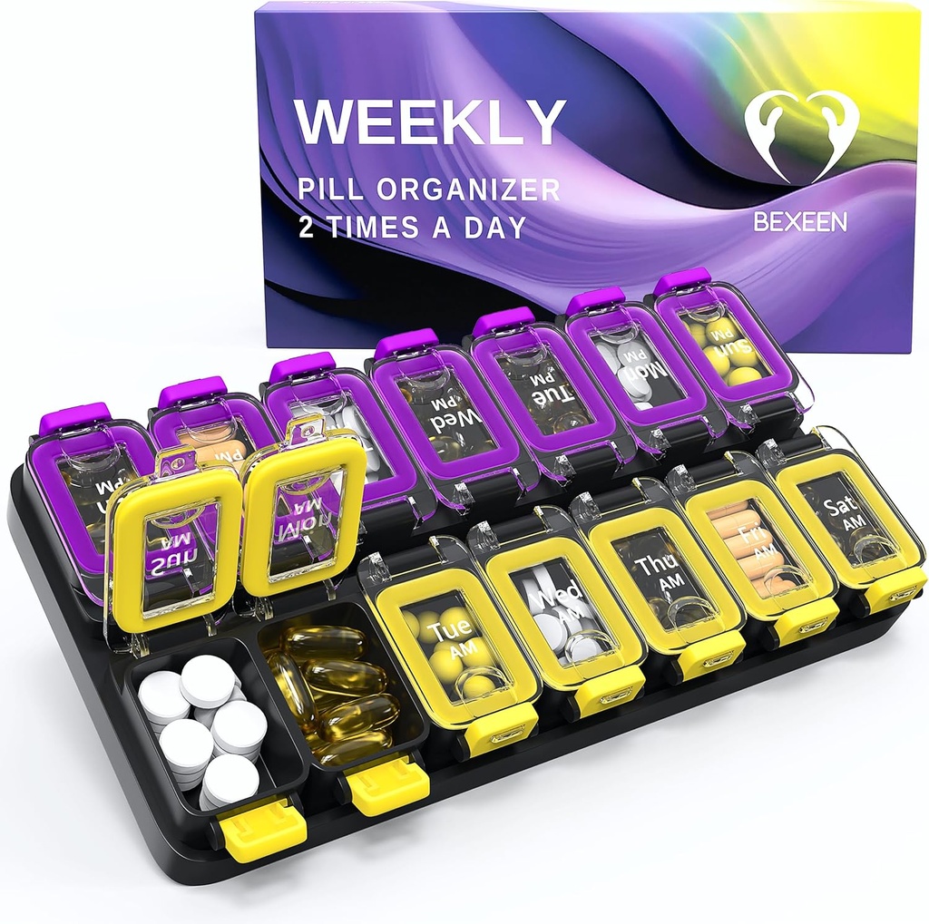 Extra Large Weekly Pill Organizer 2 Times A Day - Airtight Pill Box 7 Day - Am Pm Vitamin Case - Medicine Container Two Week Supplement Holder Daily Medication Storage Twice Med XL Yellow/Purple