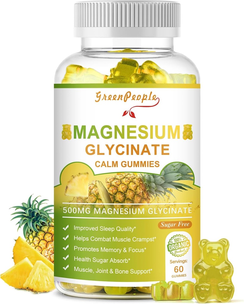 GREENPEOPLEマグネシウムは、クエン酸塩1000mg、タウレート&マタールでグミーをグルチリン - 砂糖無料 - ビタミンD、Calm Mood&ZzzサポートのためのK2とマグネシウムカリウムサプリメント - 60パイナップルガミー