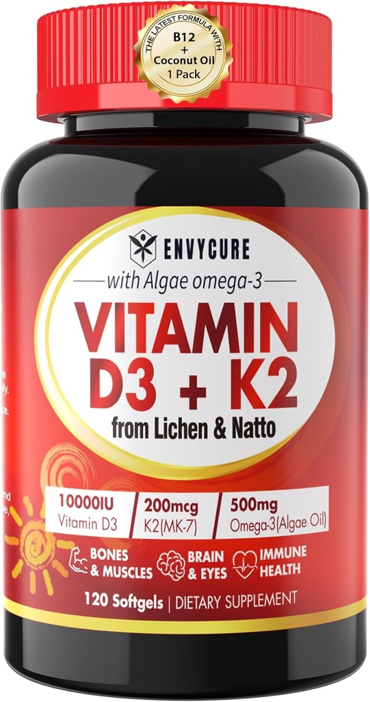 植物ベースのビタミンD3 K2の補足のSoftgel - Vit D3 10000のIu +ビタミンK2 Mk7 200 Mcg、Algae Omega-3、マグネシウム、Bone及び筋肉、免疫サポート、最高の吸収、Swallow 1packへの容易なビタミンB12