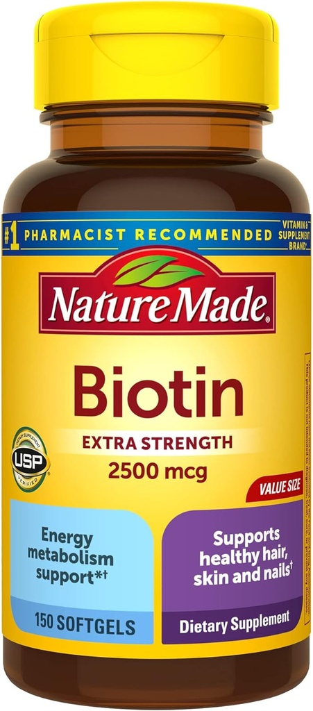 Nature Made Extra Strength Biotin 2500 mcg, Dietary Supplement For Healthy Hair, Skin & Nail Support, 150 Softgels, 150 Day Supply
