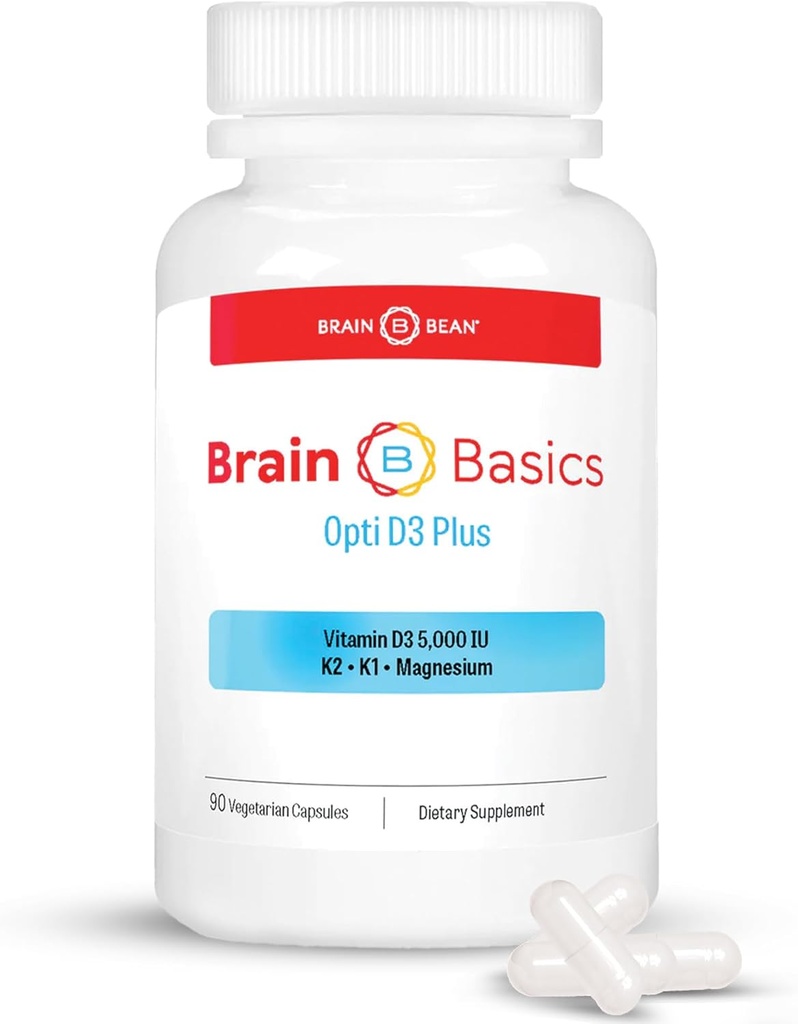 Brain Basic Opti D3 Plus - Vitamin D3 5000 IU with K1, K2, and Magnesium - Brain Support Supplement for Mood, Mind, Memory - Bone, Muscle, and Immune Health - Gluten Free, Soy Free, and Dairy Free