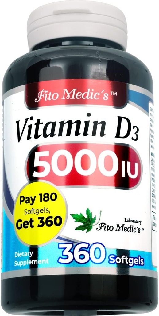FITO MEDIC'S Lab - ビタミンD - 5000 IU - ビタミンD3-360 Softgels - ビタミンD3 5000 iu - 骨、歯、筋肉、免疫の健康サポート、超高吸収、ビタミンD3。