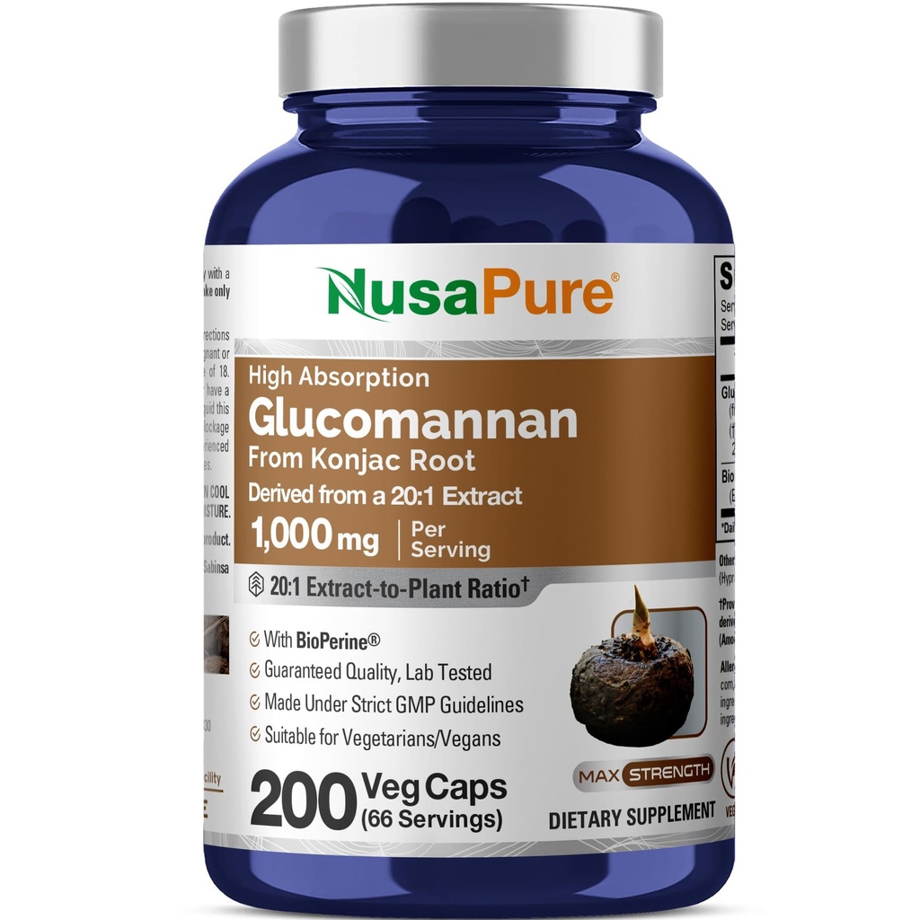 NusaPureグルコマンナン1000mg/サービング200ベジキャップ(バイオパリン、非GMO、ビーガン) Konjac Root