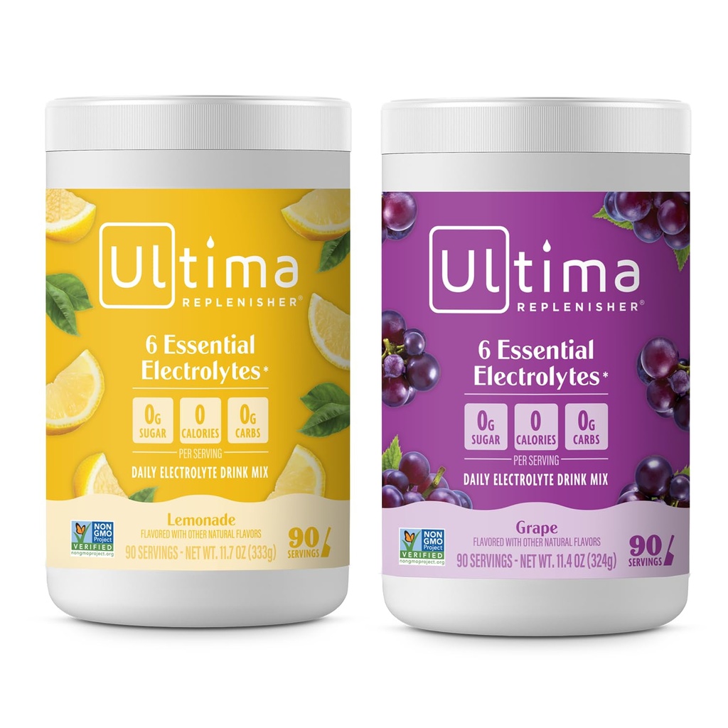 Ultima Replenisher Electrolyteパウダードリンクミックスバンドル - 砂糖フリー - レモンデとグレープ、90サービング - 水分補給パウダー - 6キー電解液とトレースミネラル - Ketoフレンドリー、非GMO