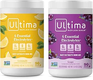Ultima Replenisher Electrolyteパウダードリンクミックスバンドル - 砂糖フリー - レモンデとグレープ、90サービング - 水分補給パウダー - 6キー電解液とトレースミネラル - Ketoフレンドリー、非GMO
