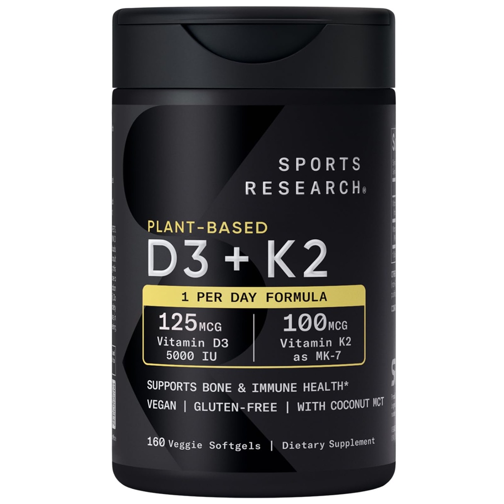 植物ベースのD3の5000iuとスポーツ研究ビタミンD3 K2 & MK-7としてビタミンK2の100mcg, 非GMO検証&ビーガン認定 - 160液体Softgels