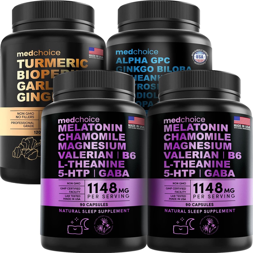 MEDCHOICEターメリック&ジンジャー(120ct)、睡眠メラトニン(180ct)、および向知性脳(60ct)サプリメントバンドル - 脳のためのウェルネストライオ、睡眠、免疫サポート - ビーガン、非GMO、グルテンフリー