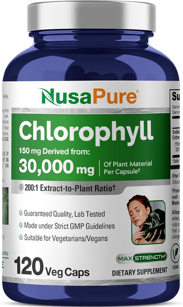 NusaPure Chlorophyll 200:1 エキス, 150 カプセルあたり30,000 mg相当 120 ベジタリアンキャップ (非GMO, ビーガン)