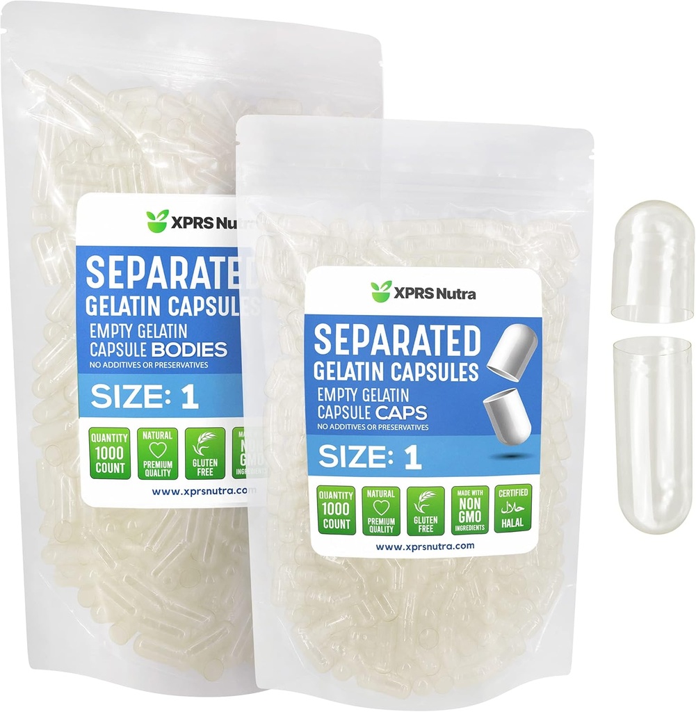 XPRS Nutraのサイズ1のゼラチンによって分けられるカプセル-袋で分けられる1000の計算の空の丸薬のカプセル-DIY Do-It-Yourselfの補足の詰物のための明確な空の丸薬