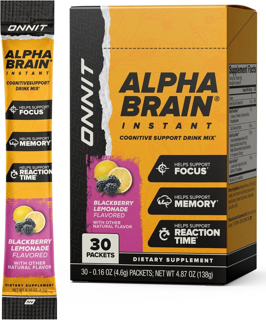 ONNIT Alpha Brain Instant Cognitive Support Drink Mix, BlackBerry Lemonade Flavor, Nootropic Supplement for Focus, Memory, and Clarity, 0.13 oz Packets, 30 Count