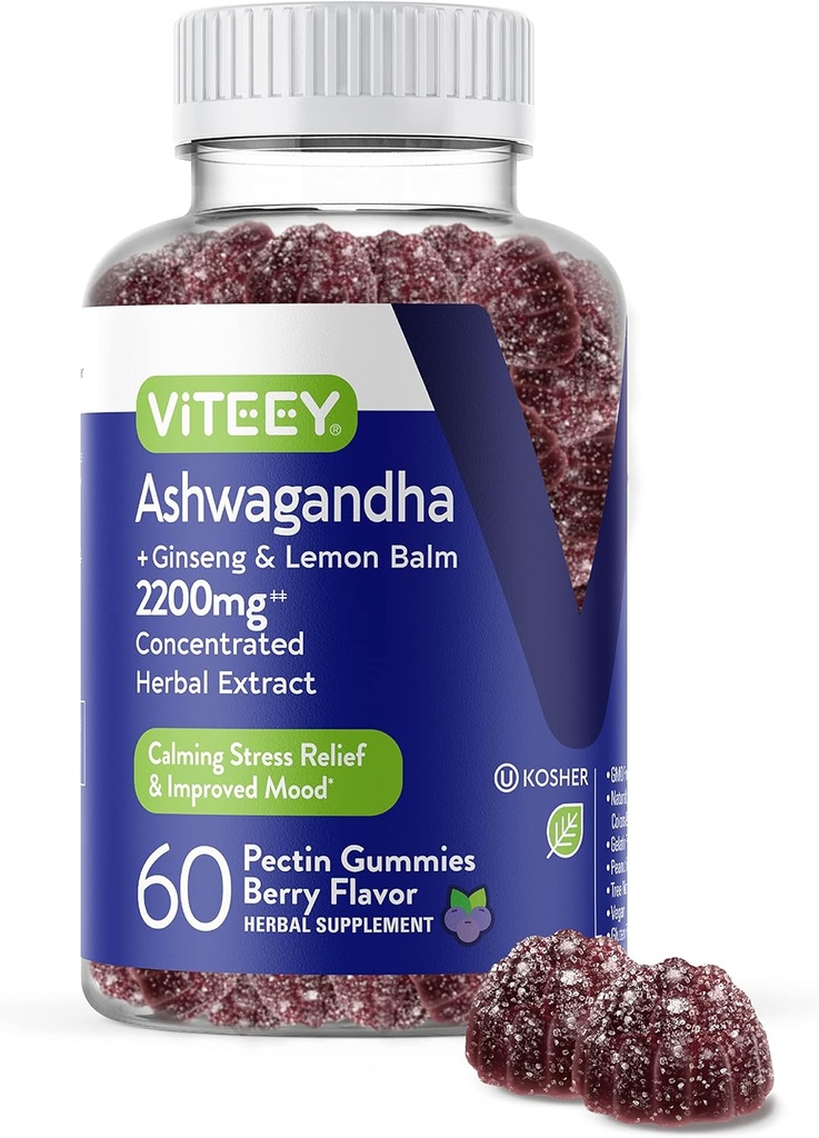 Viteey Ashwagandha Ginseng&Lemon Balm - Mood, Calm & Stress Support Ashwagandha Supplements - ビーガン, グルテンフリー - 60 カウント