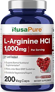 NusaPure L-アルギニン1000 mg 200 Veggieカプセル(非GMO、ベジタリアン、ビーガン)