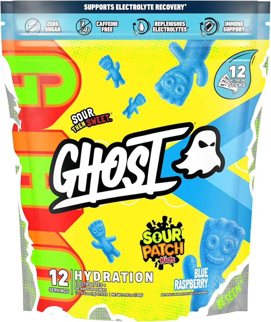 GHOST Hydration パケット, サワー パッチ キッズ ブルー ラズベリー, 12 スティック, 電解質粉末 - ドリンク ミックス サプリメント マグネシウム, カリウム, ビタミン C - ビーガン, 大豆の無料, 砂糖 & グルテンフリー