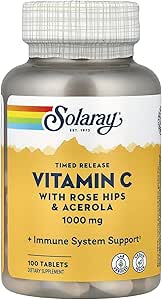 SOLARAY Vitamin C 1000mg Timed Release Capsules with Rose HIPS & Acerola Bioflavonoids, Two-Stage for High Absorption & All Day Immune Function Support, 60 Day Guarantee (100 Servings, 100 Tablets)