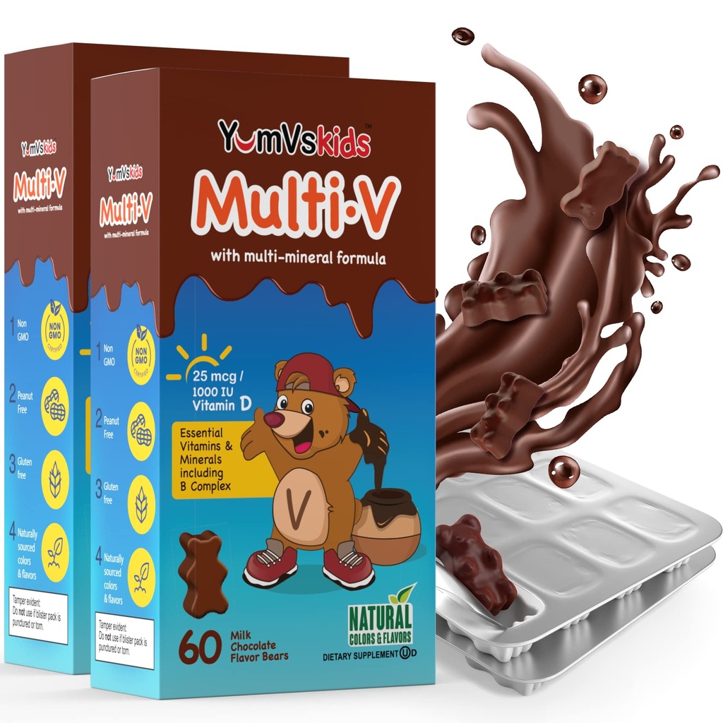 YUM-V'S - キッズマルチビタミンChewableチョコレートベア - 子供のためのマルチビタミン - 16ビタミン&ミネラル - D、亜鉛、C、B複合体を含むビタミン、60カウント(パッケージ2)