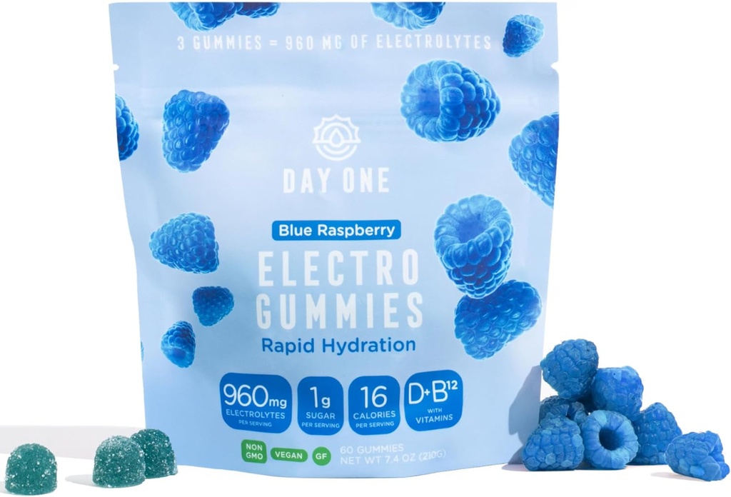 Day One ElectroGummies – Electrolyte Hydration Gummies – Ideal to Boost Hydration & Energy – Supplement for Post & Pre Workout – for Men, Women, Kids – Blue Raspberry Flavored – 60 Gummies