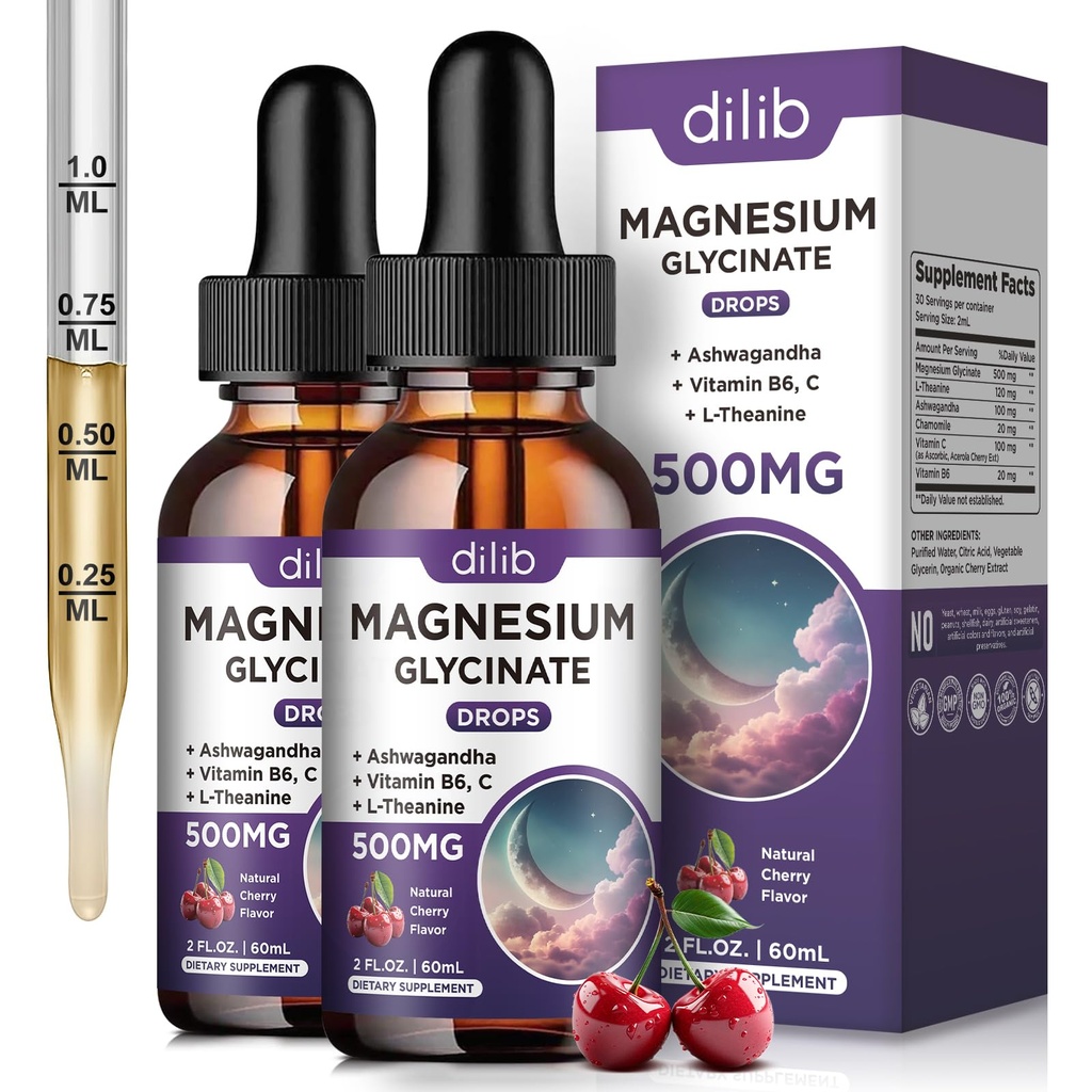 (2 Pack) Magnesium Glycinate Liquid Drops 500mg, with Vitamin B6, Ashwagandha, L - Theanine, Chamomile, Magnesium Glycinate Supplement High Absorption for Sleep, Stress, Energy Mood - Cherry Flavor