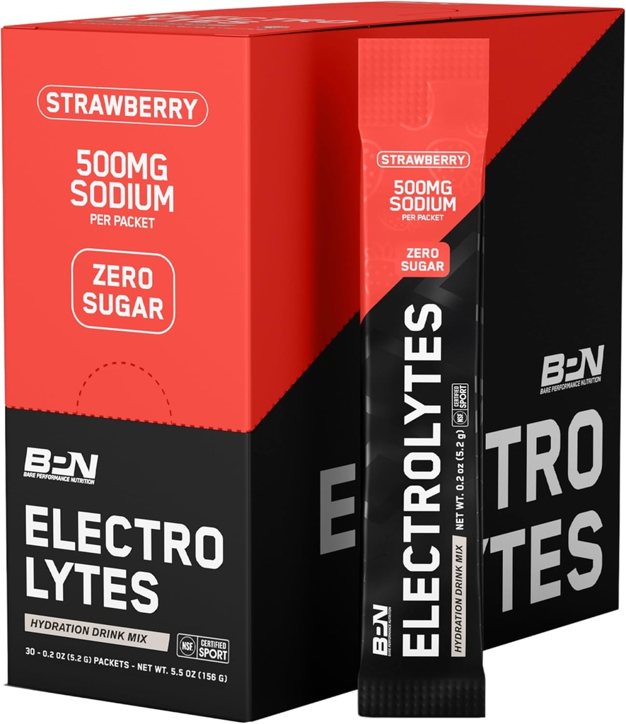 BARE PERFORMANCE NUTRITION BPN Electrolytes Go Pack Hydration Drink Mix | シュガーフリー電解液パウダー | 500mg ナトリウム/サービング | 自然に甘く | いちご30 サービング