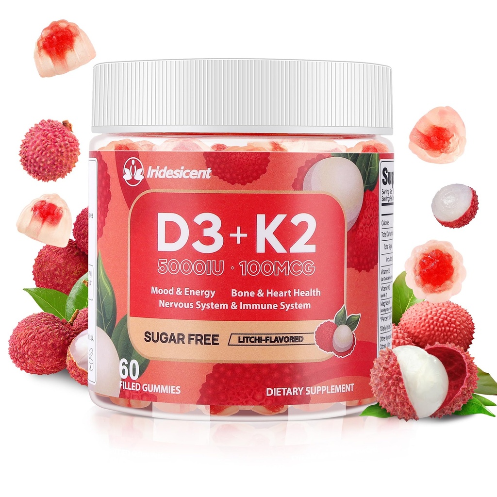 ビタミンD3 K2グミーw /マグネシウム砂糖無料 - 60カウント  D3ビタミン5,000 IU + K2(MK-7)100 mcg - ビーガンK2 D3ビタミンサプリメント、高吸収性支持骨、筋肉、気分&免疫(Lychee味)