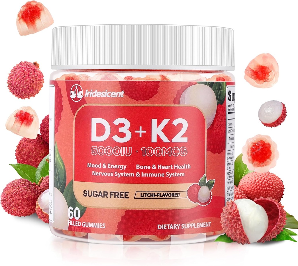 Vitamin D3 K2 Gummies w/Magnesium Sugar Free - 60 Count | D3 Vitamin 5,000 IU + K2(MK-7) 100 mcg - Vegan K2 D3 Vitamin Supplement, Highly Absorbent Supports Bone, Muscle, Mood & Immune(Lychee Flavor)