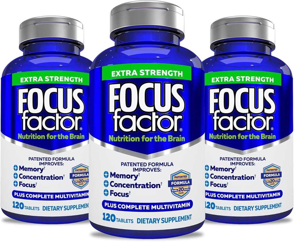 Focus Factor Adults Extra Strength, 120 Count- Brain Supplement for Memory, Concentration, Focus- DMAE, Vitamin D, DHA- Brain Health Supplement – Trusted Formula- Brain Vitamins, Focus Pills (3 Pack)