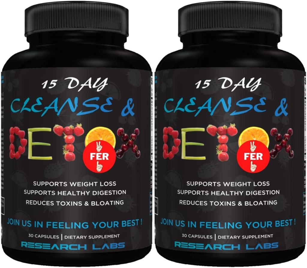 Research Labs 15 Day Colon Cleanse & Detox for Less Bloat Flat Tummy w/Probiotics - 2 Fer 1 - Constipation Relief - Flushes Toxins, Boosts Energy. Clinically Researched Safe and Effective Formula