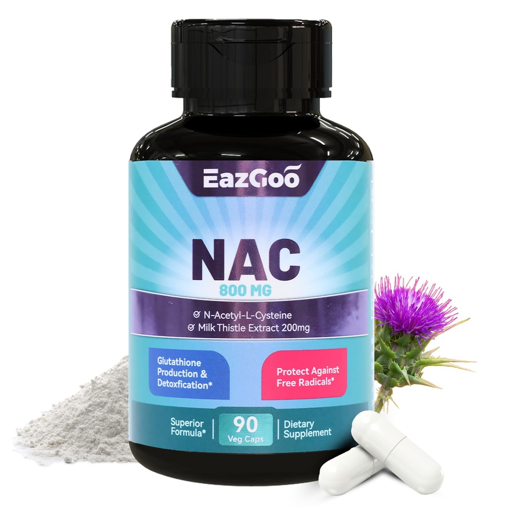 NACサプリメント, N-アセチルシステインカプセル 800mg, N-アセチルミルクアザミ200mgとサプリメント, 酸化防止サポート, ビーガン, GMOフリー, NAC 90カウント (パック 1)