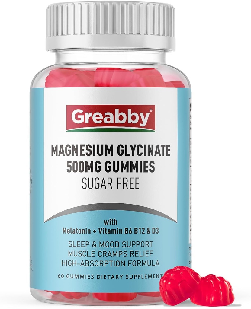 Magnesium Glycinate Gummies 500mg for Adults Sleep Support, Chewable Magnesium Gummies for Women & Men, Muscle Relief & Magnesium Supply (60 Gummies)