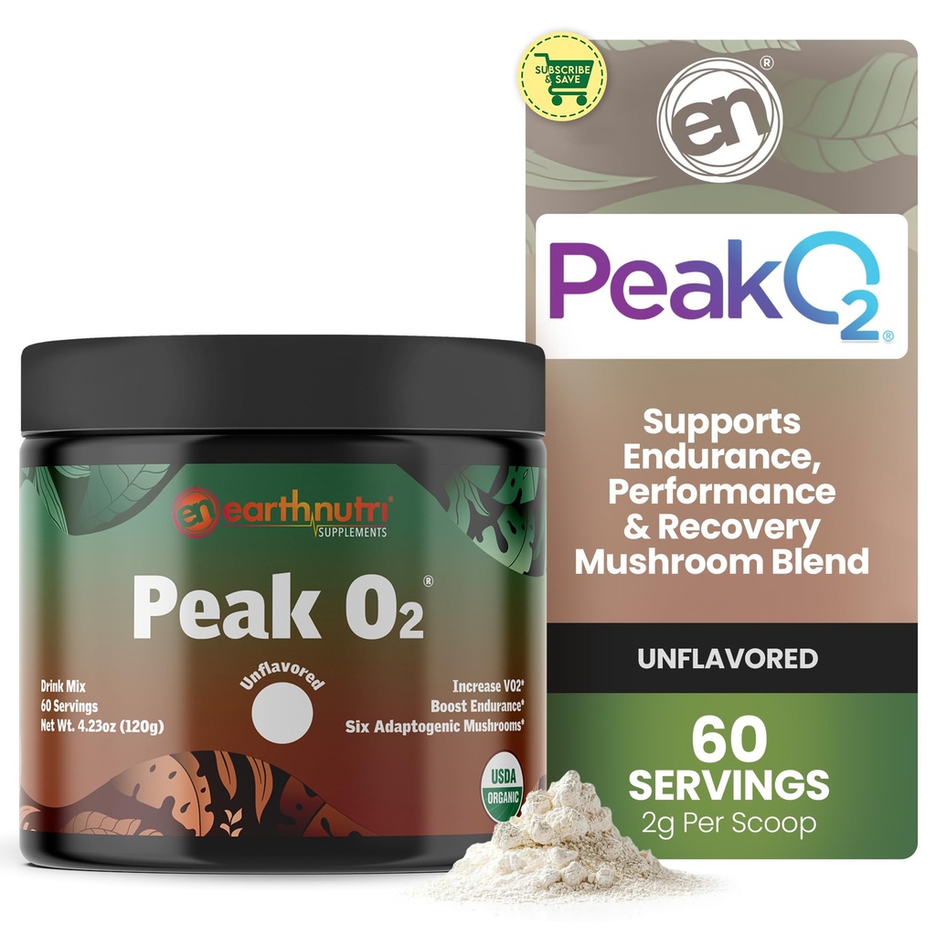 EarthNutri PeakO2ワークアウトサプリメント - プレワークアウト耐久性とアスレチックパフォーマンスのためのマッシュルームサプリメント - 添加剤なし、フィラーなし - スタミナ、強度と回復をサポート - 60 サービング